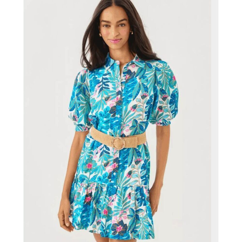 NWT Lilly Pulitzer Brett Popover Shirtdress- Breezy Aqua Best Fronds Forever- Si